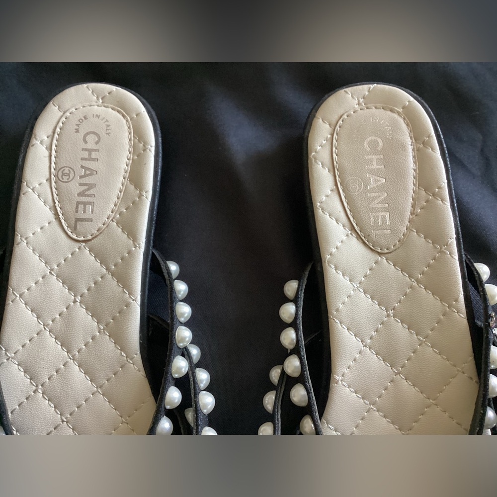 Chanel Black and White Crisscross Sandals with Pearl Embellishments - Picture 10 of 13